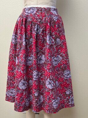 EUC Vintage 1980s Floral Red Purple Cotton Flannel Western Yoke Midi Skirt Small